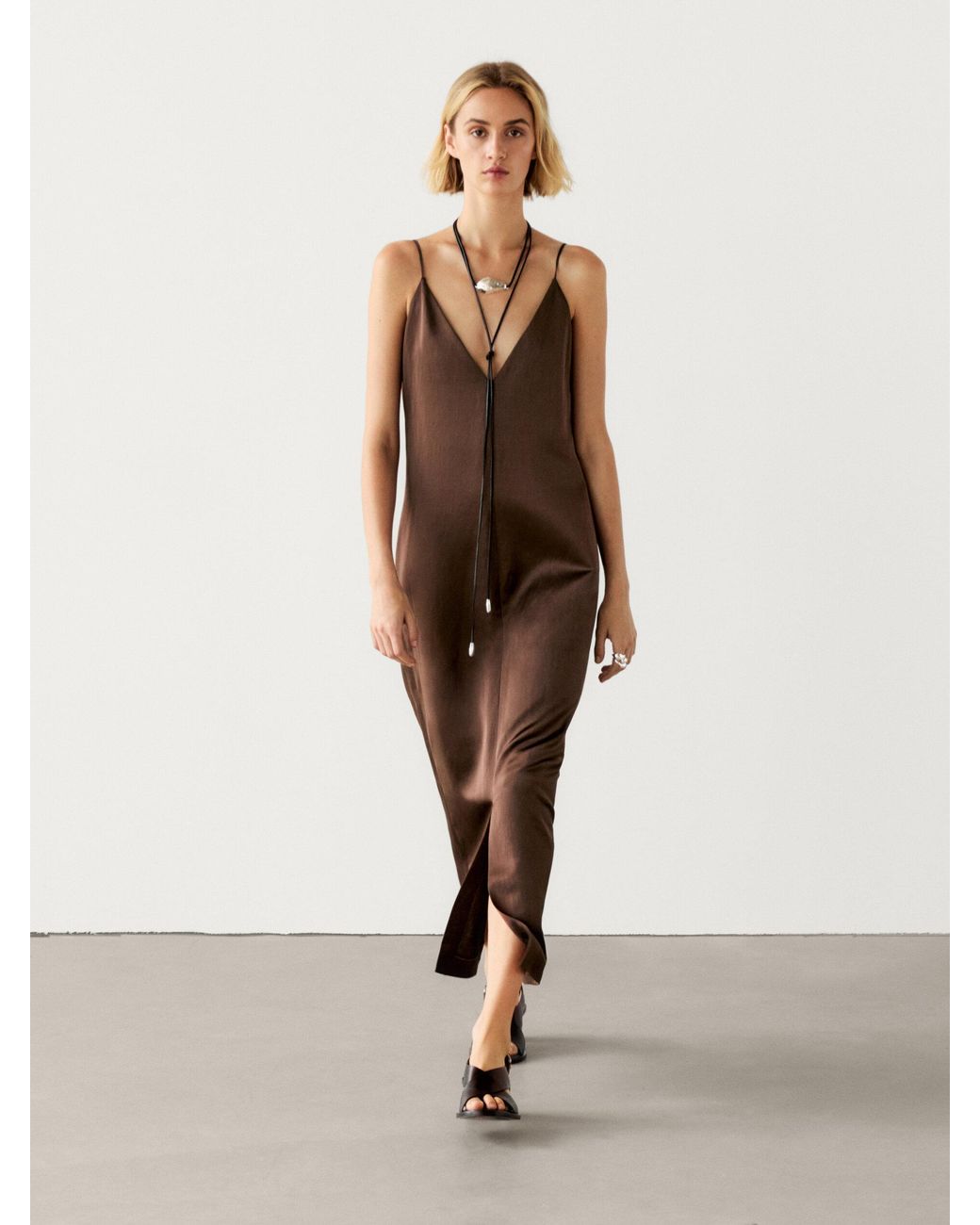 MASSIMO DUTTI Cotton Satin Camisole Midi Dress in Natural