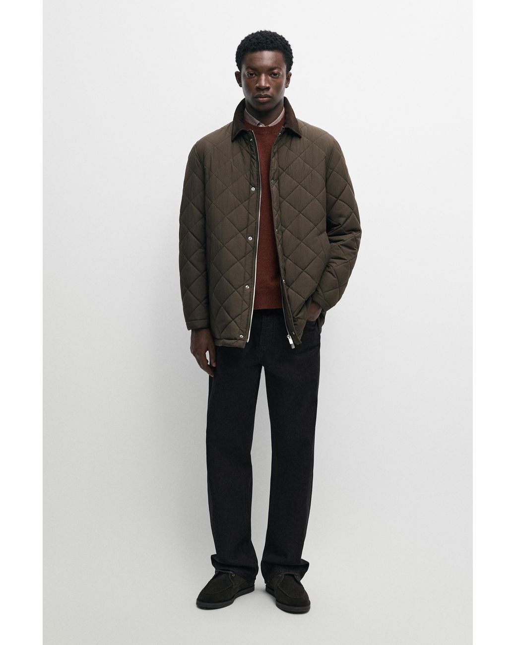 MASSIMO DUTTI Brown Long Quilted Jacket With Corduroy Collar for men