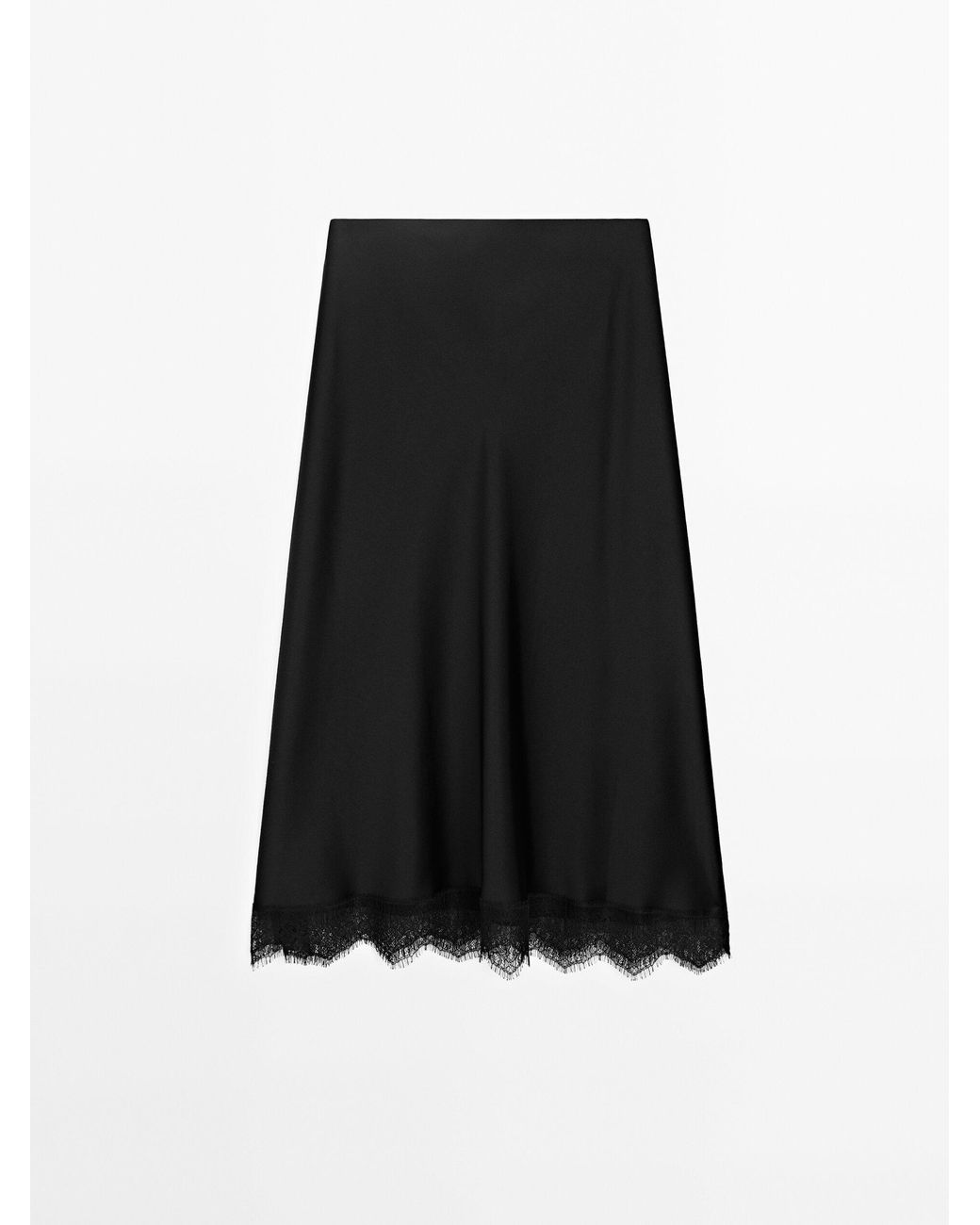 MASSIMO DUTTI Satin Midi Skirt With Lace Detail in Black