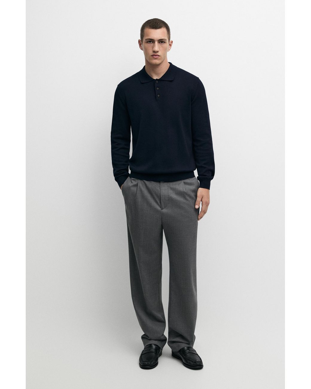 MASSIMO DUTTI Blue 100% Cotton Knit Polo Sweater for men