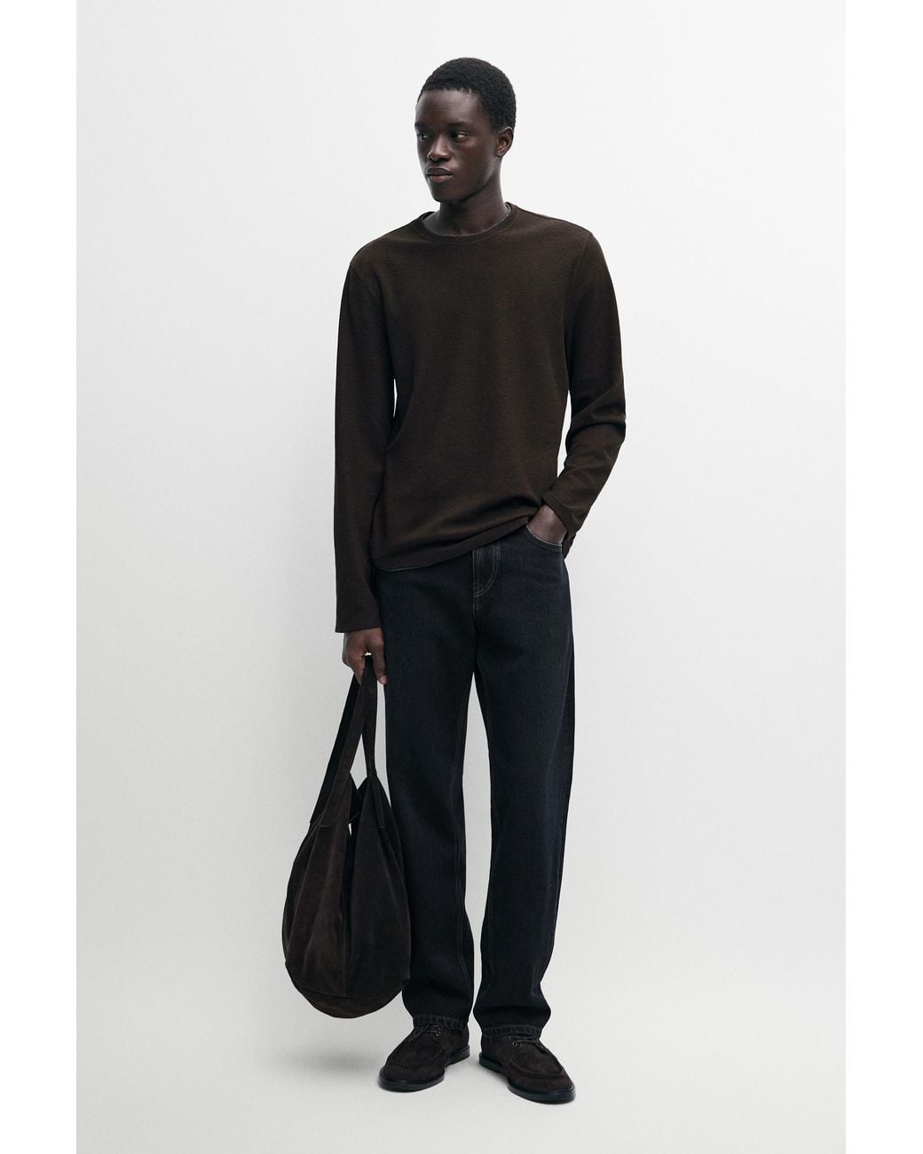MASSIMO DUTTI Black Double-Finish Cotton Blend Long Sleeve T-Shirt for men