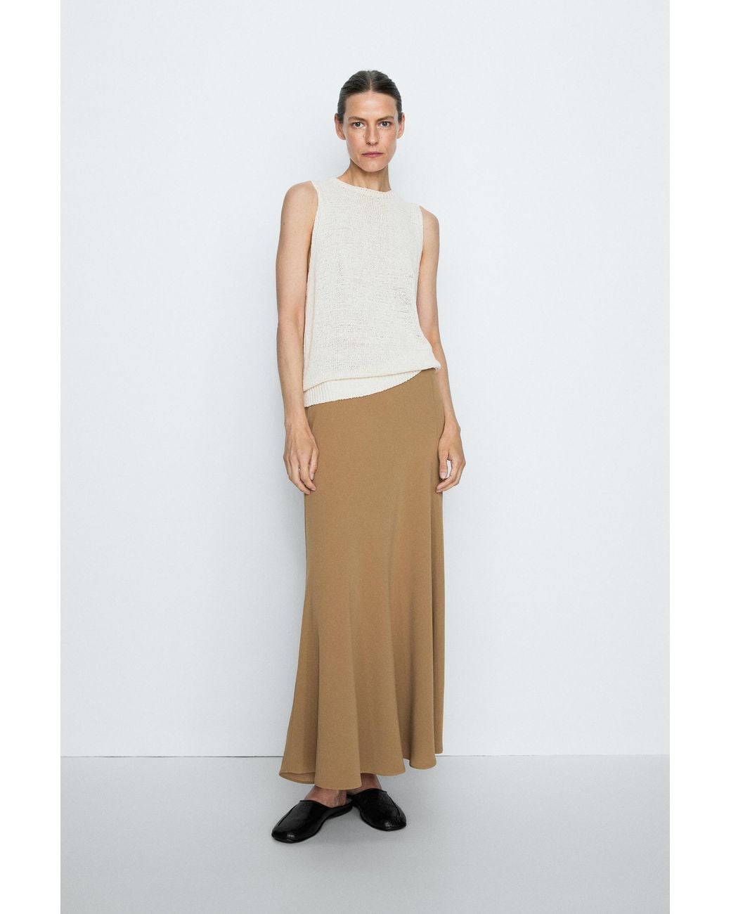 MASSIMO DUTTI White Flowing Flared Midi Skirt