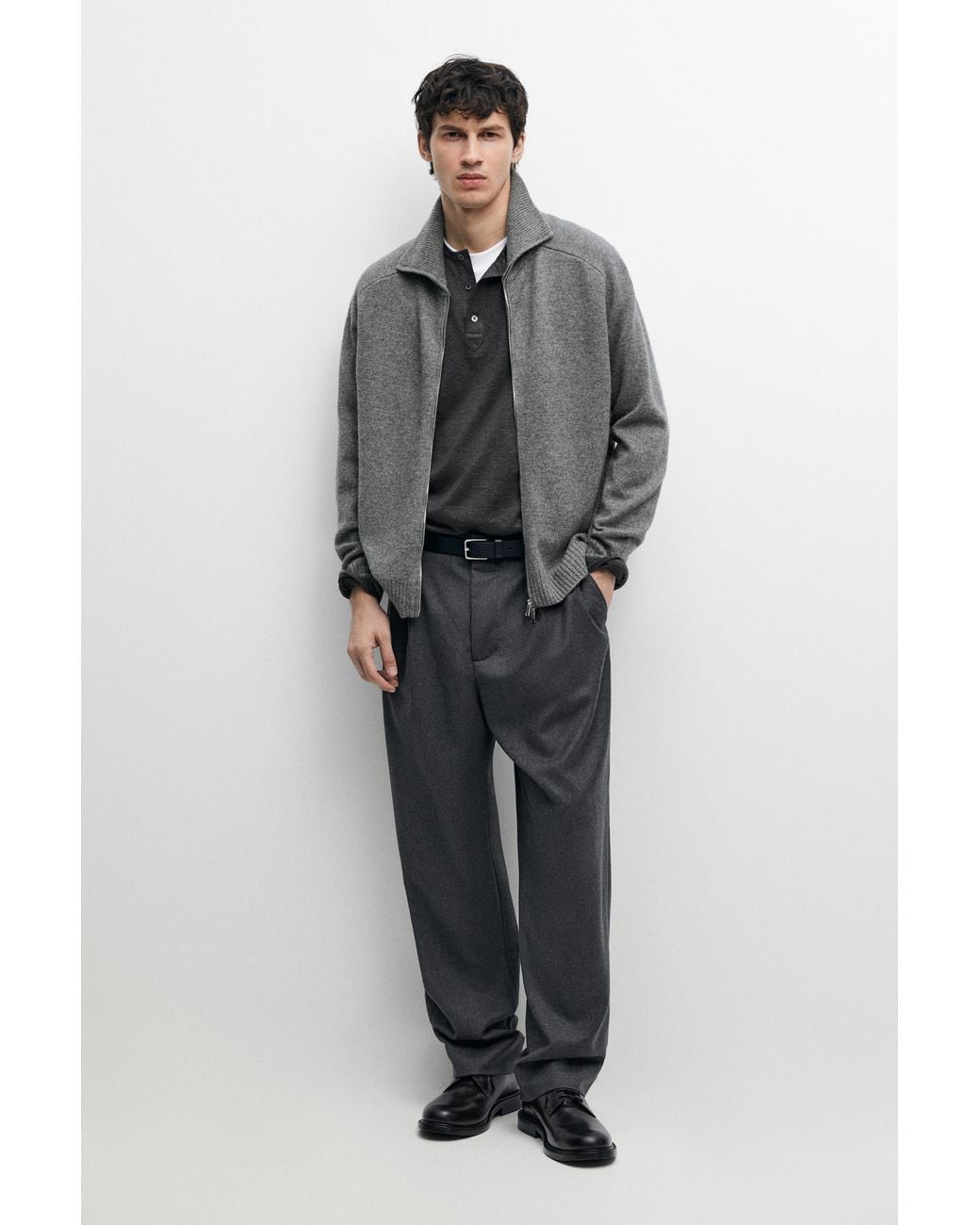 MASSIMO DUTTI Gray Wool Blend Zip-Up Knit Cardigan for men