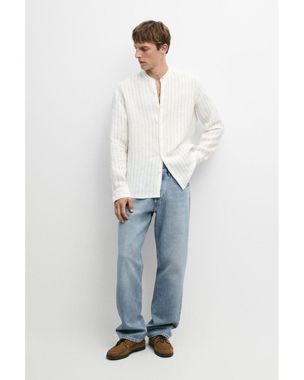 MASSIMO DUTTI Multicolor 100% Linen Striped Stand Collar Shirt for men