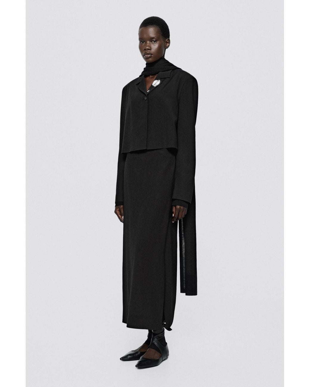 MASSIMO DUTTI Black Flowing Wrap Midi Skirt