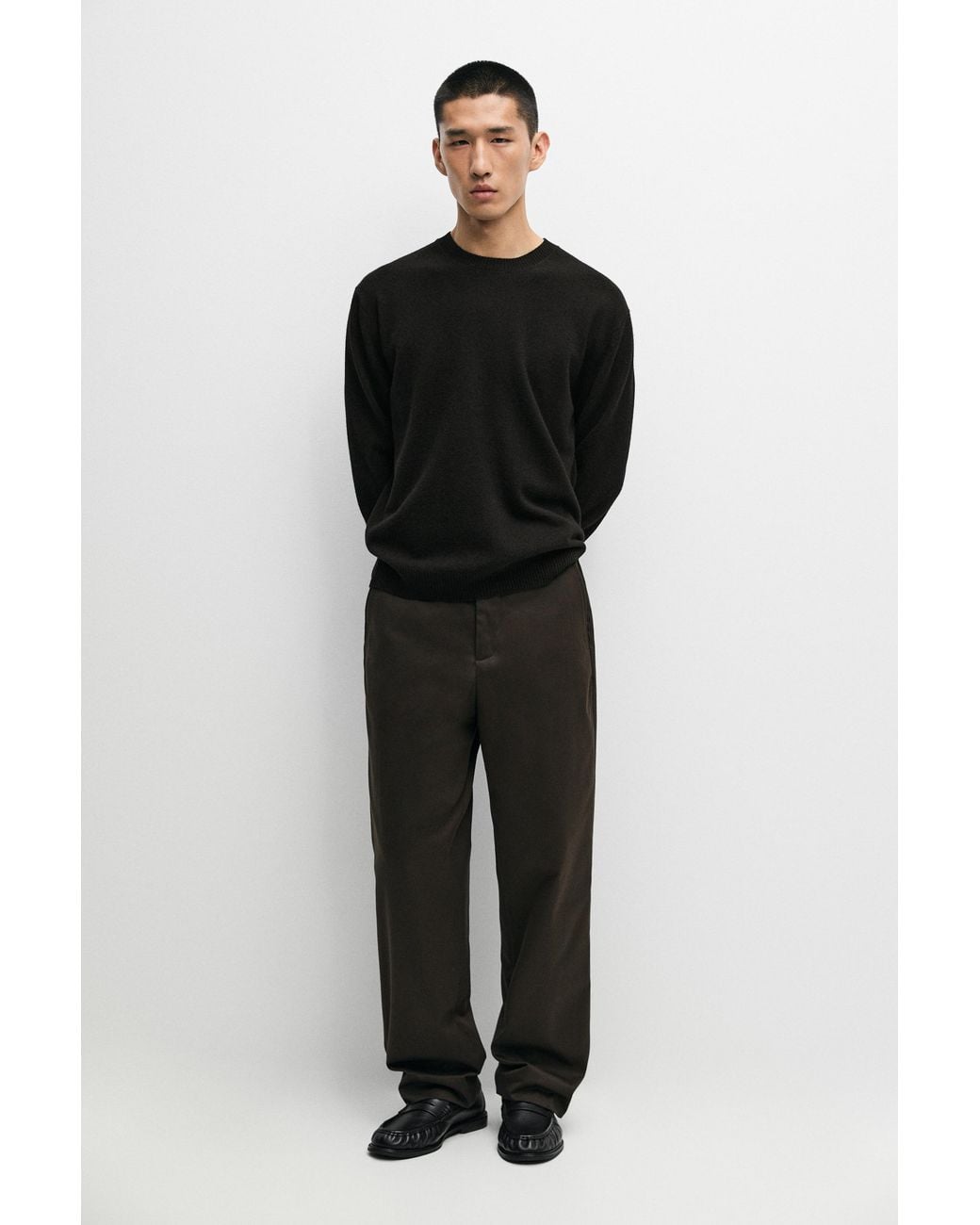 MASSIMO DUTTI Black Wool Blend Round Neck Knit Sweater for men