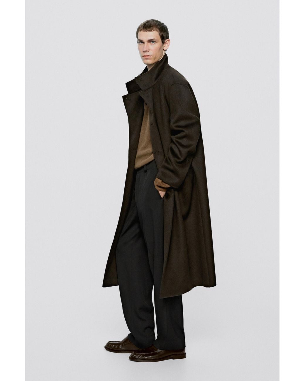 MASSIMO DUTTI Black Long Wool Coat With Pocket Details for men