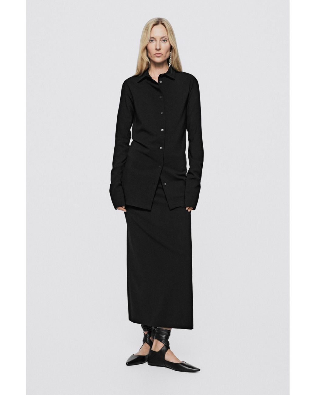 MASSIMO DUTTI Black Leather Lace-Up Ballet Flats