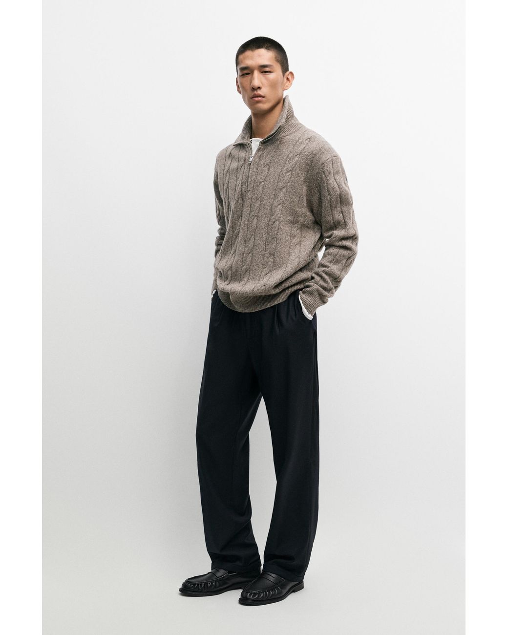 MASSIMO DUTTI Blue 100% Wool Cable-Knit Sweater for men