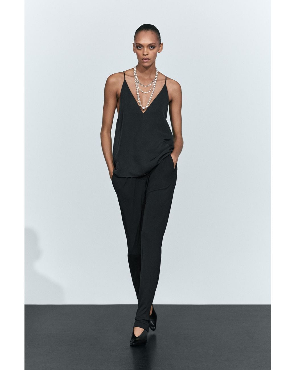 MASSIMO DUTTI Black V-Neck Top With Thin Straps