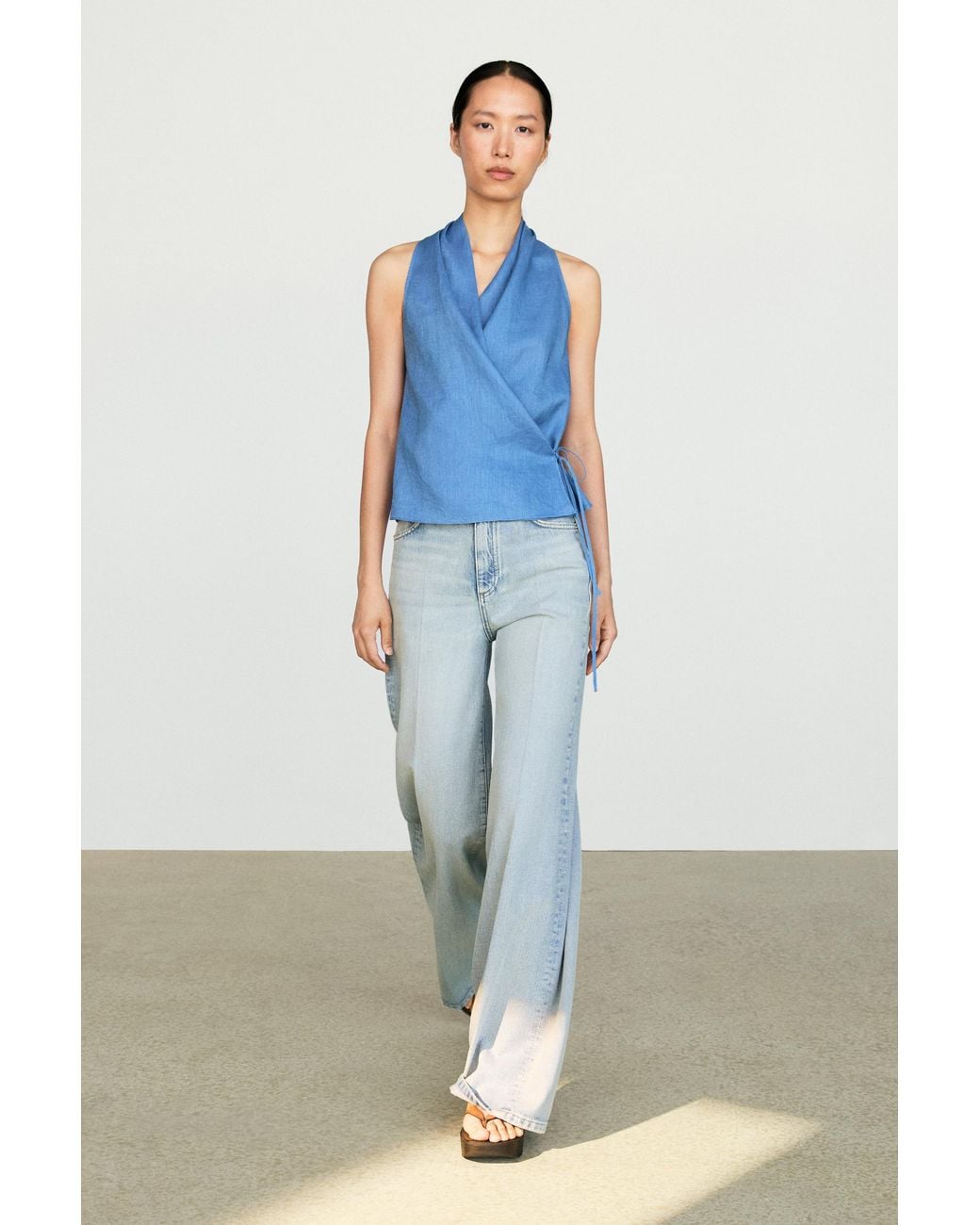 MASSIMO DUTTI Blue 100% Linen Crossover Halter Top