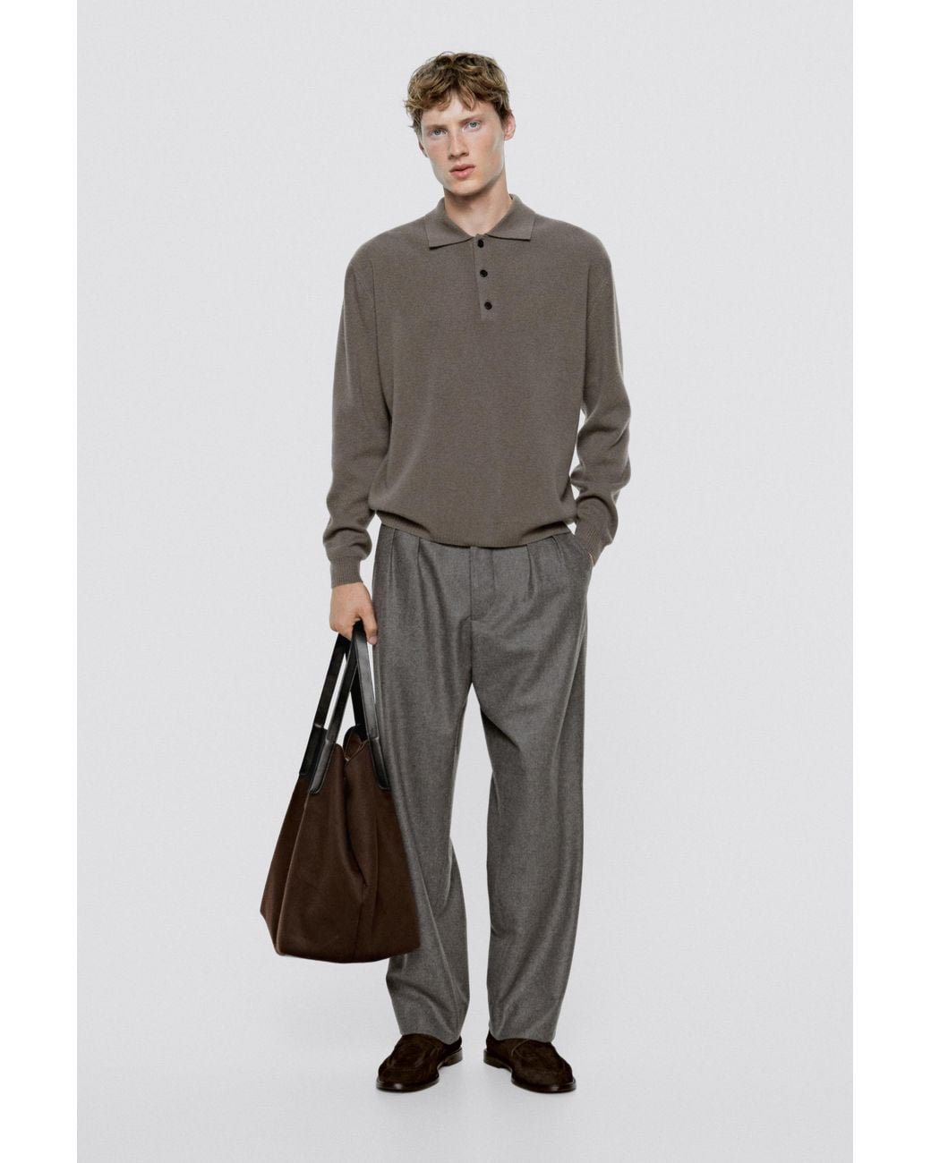MASSIMO DUTTI Gray 100% Wool Knit Polo Sweater for men