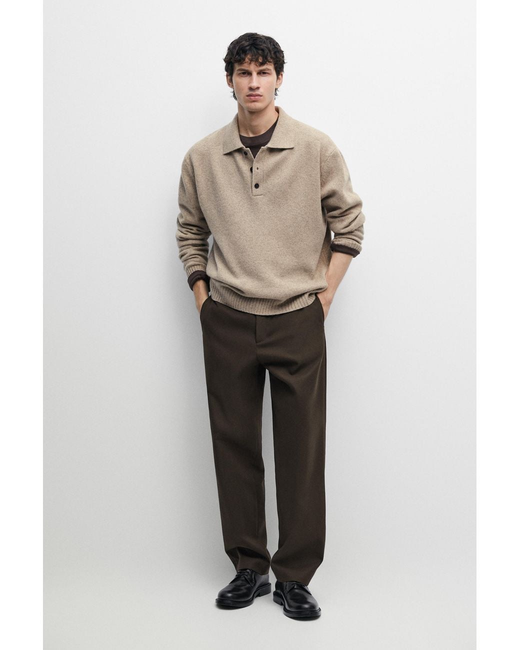 MASSIMO DUTTI Natural 100% Wool Knit Polo Collar Sweater for men