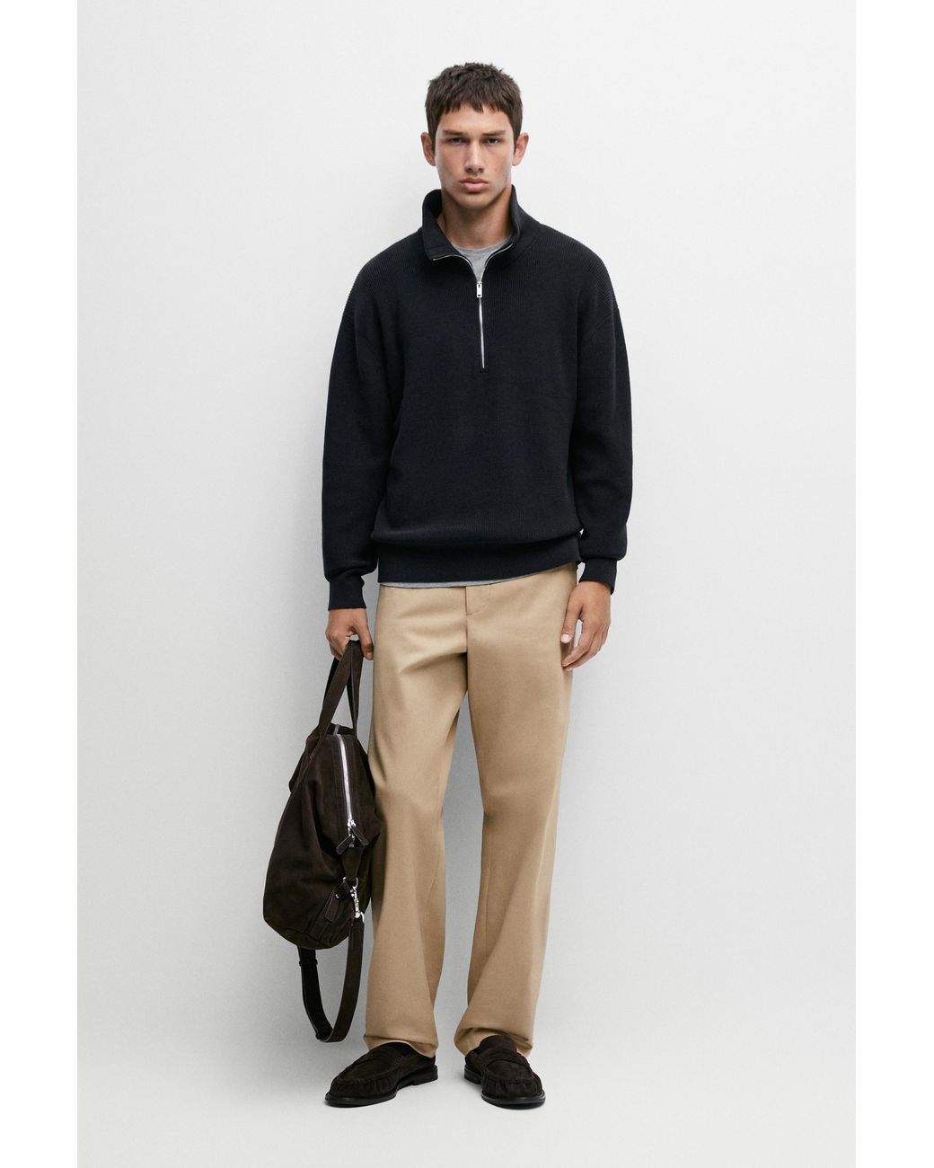 MASSIMO DUTTI Black 100% Cotton Mock Neck Knit Sweater for men