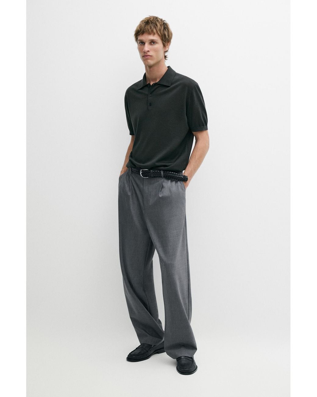MASSIMO DUTTI Black Wool Blend Knit Polo Shirt for men