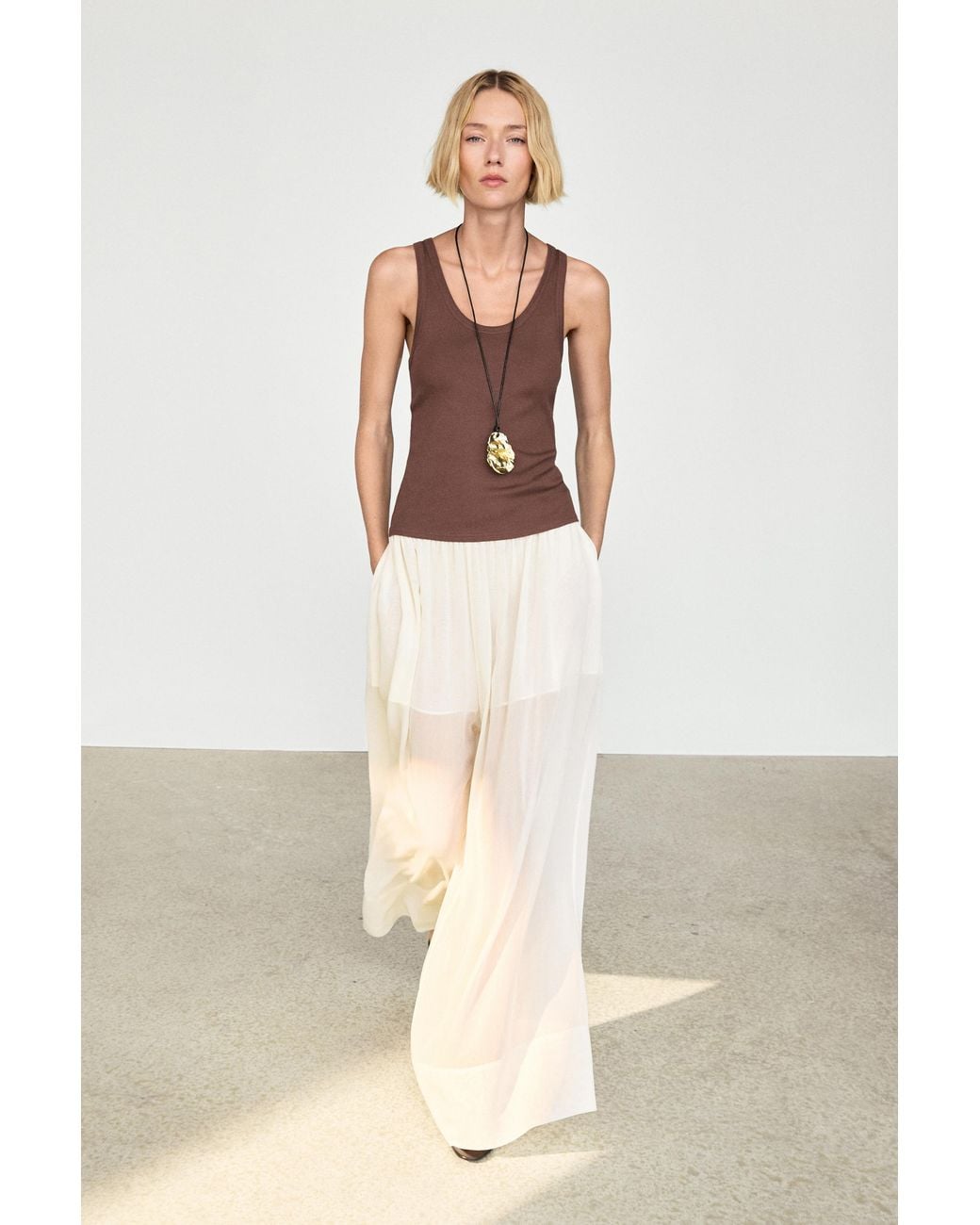 MASSIMO DUTTI Natural Semi-Sheer Flowing Wide-Leg Pants