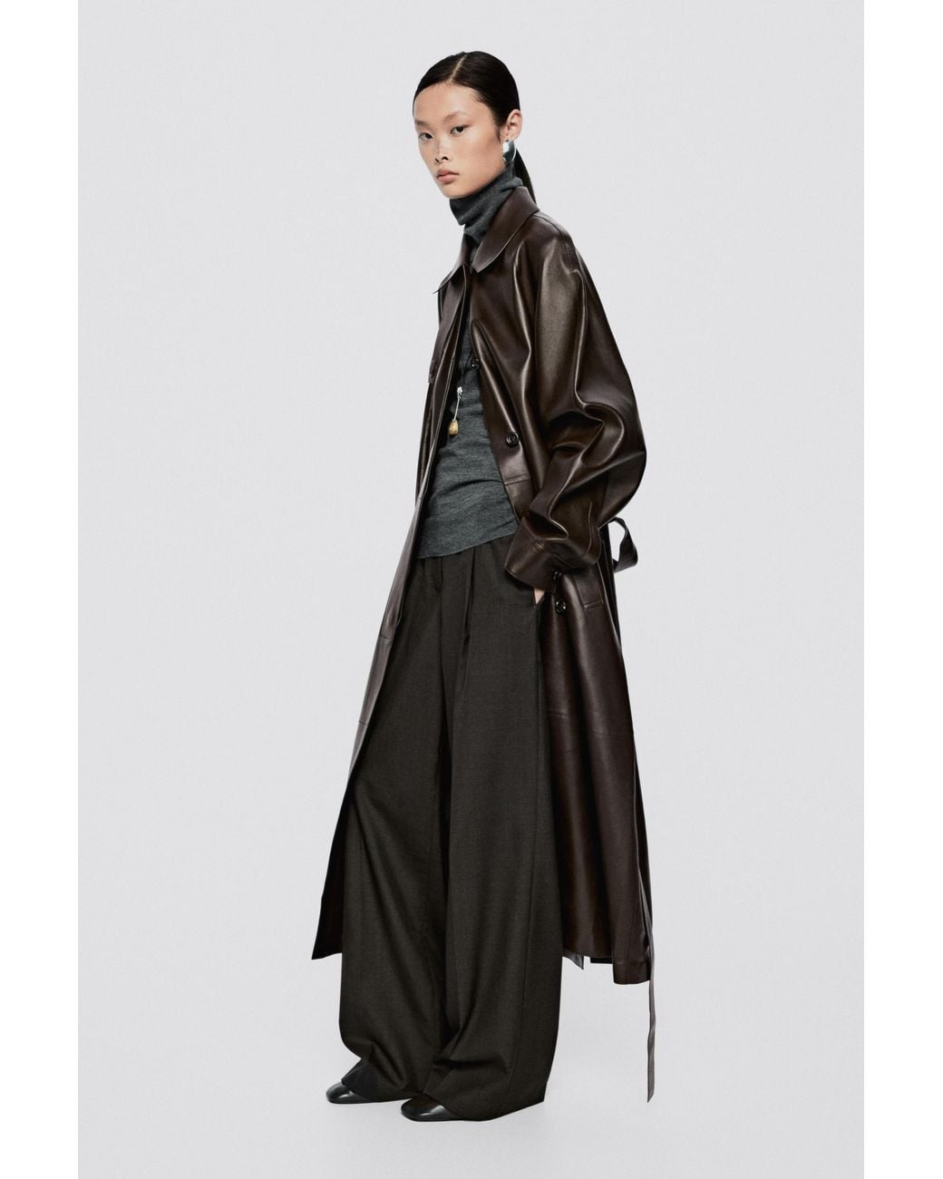 MASSIMO DUTTI Black Long Nappa Leather Trench Coat With Belt