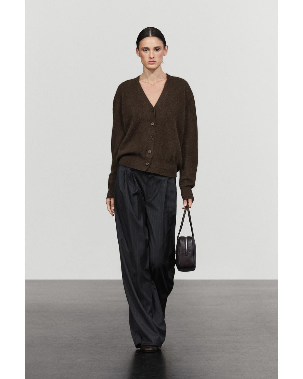 MASSIMO DUTTI Black Brushed Wool-Blend V-Neck Knit Cardigan