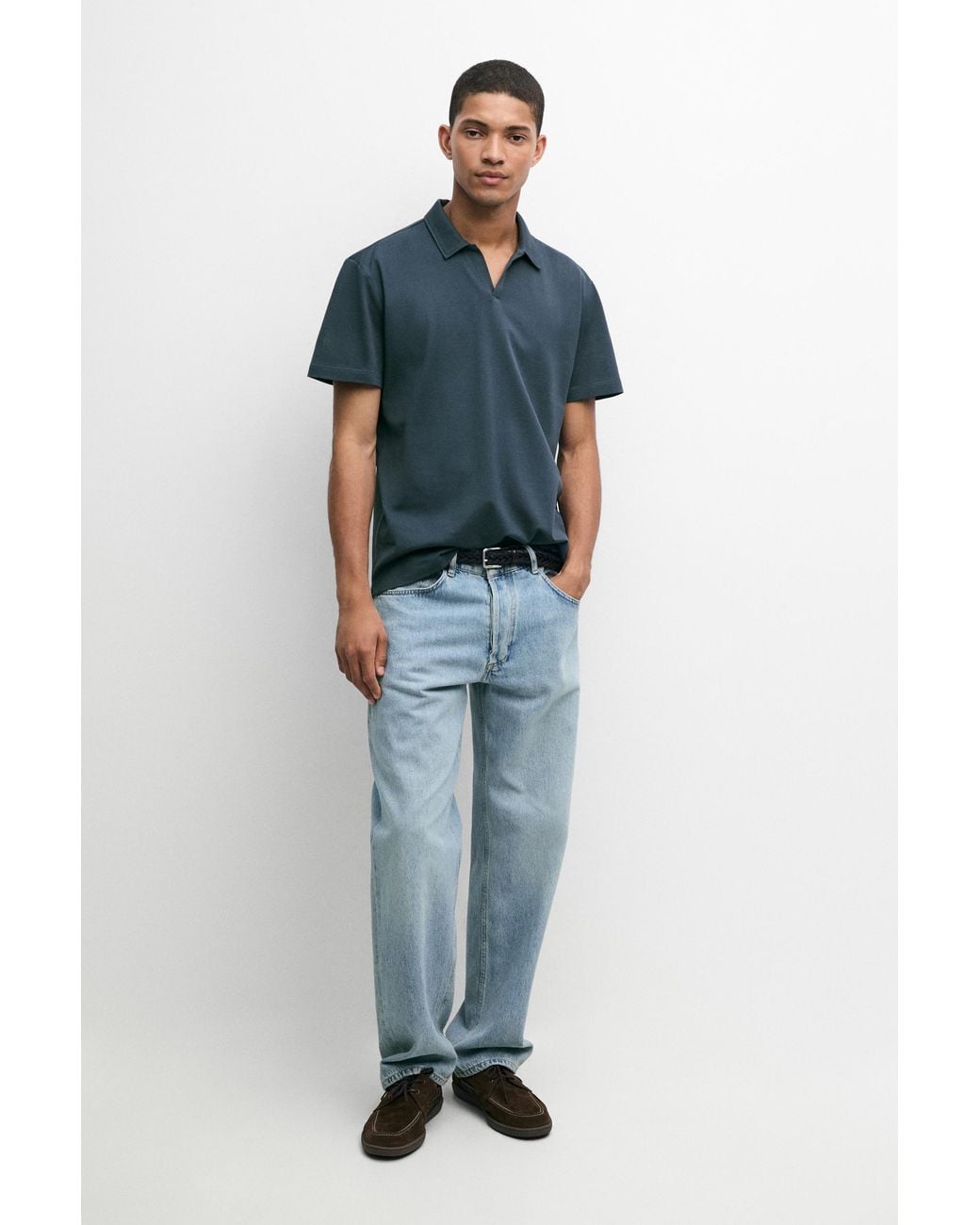MASSIMO DUTTI Blue Micro-Textured V-Neck Piqué Polo Shirt for men