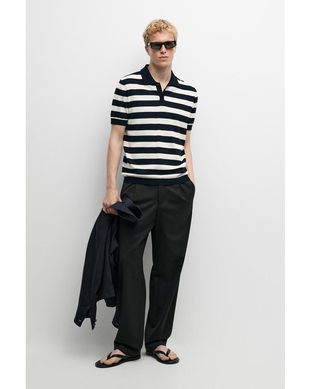 MASSIMO DUTTI White 100% Cotton Striped Knit Polo Shirt for men