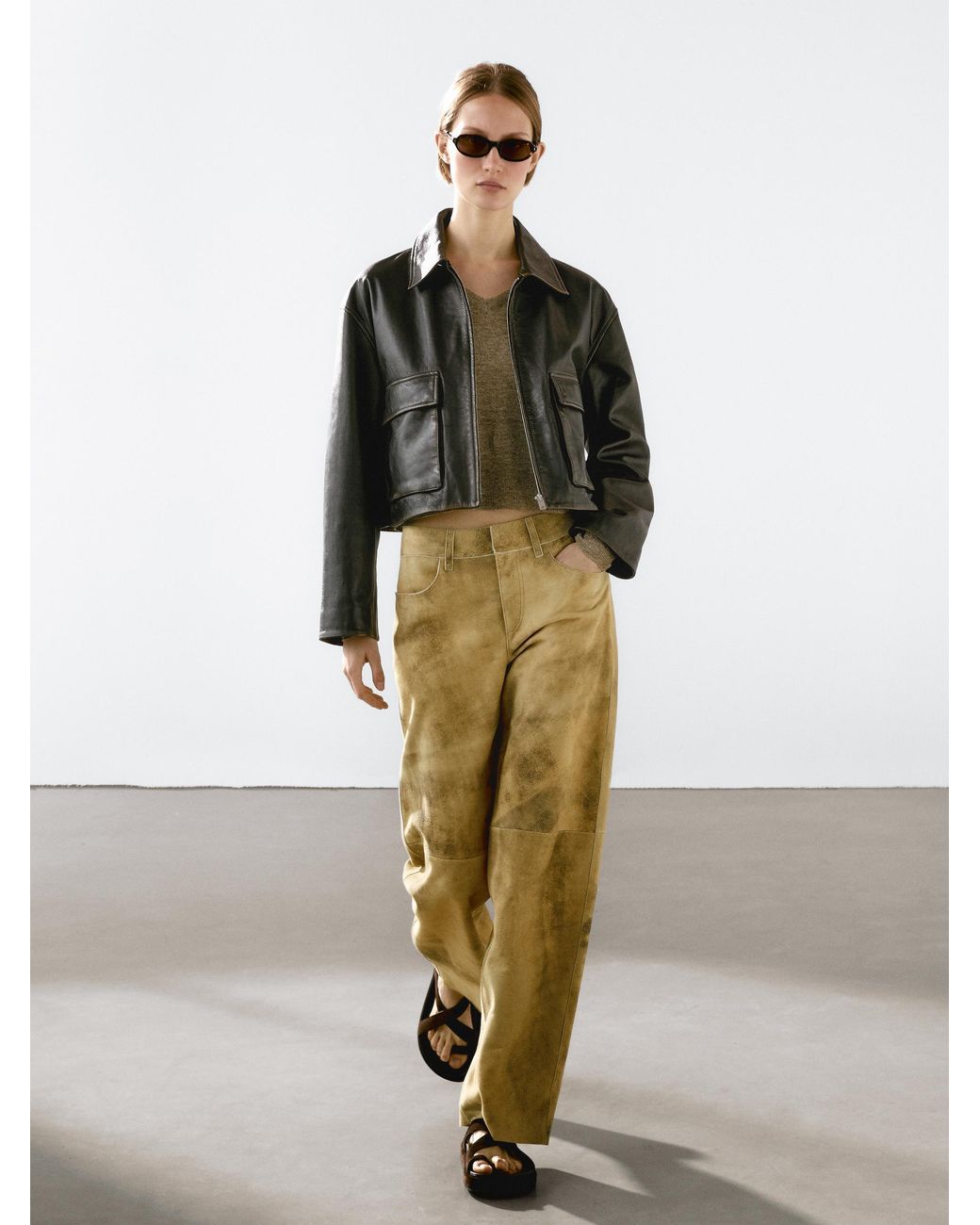 MASSIMO DUTTI Worn Effect Suede Leather Trousers in Natural Lyst UK