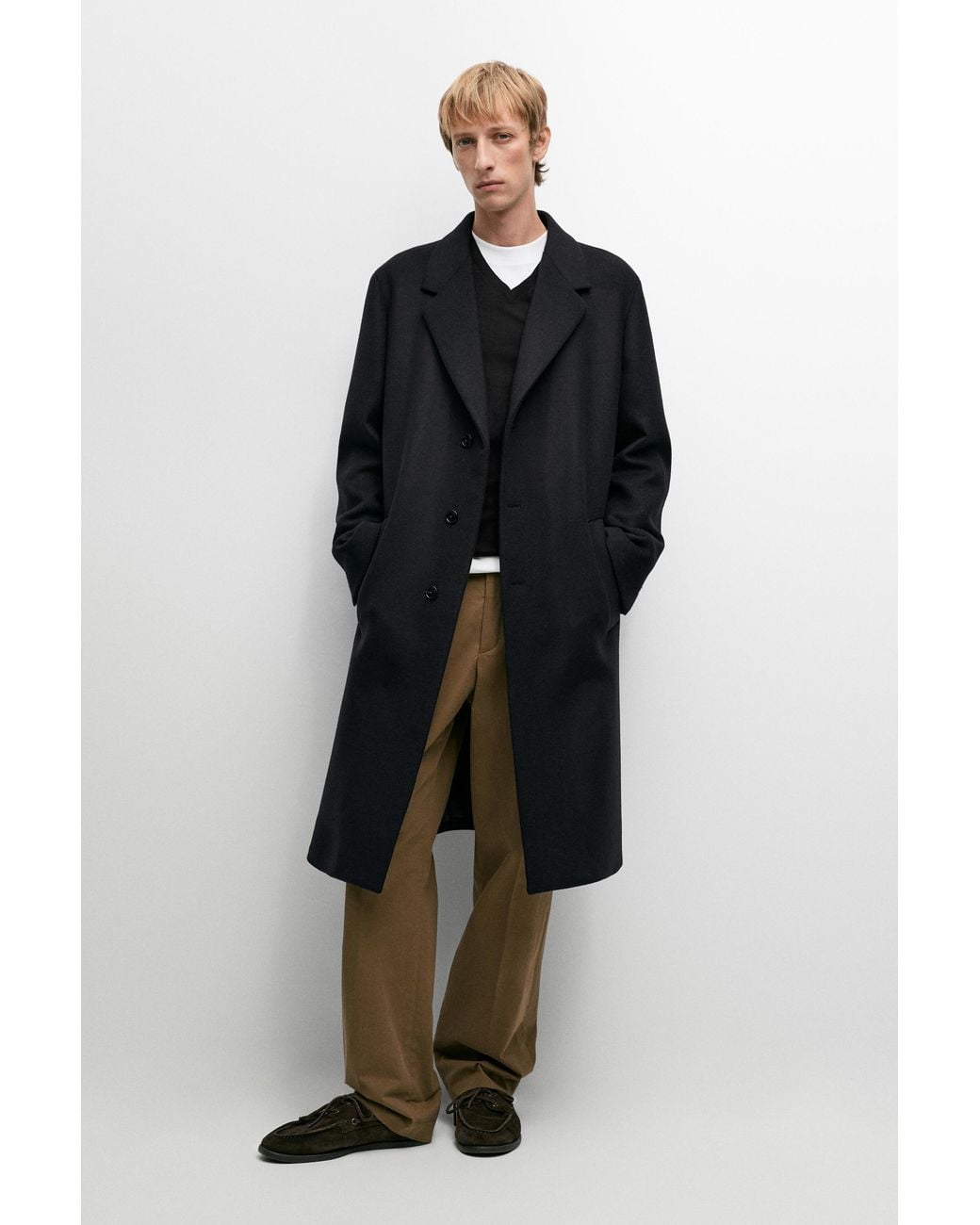 MASSIMO DUTTI Black 100% Wool Coat With Lapel Collar for men