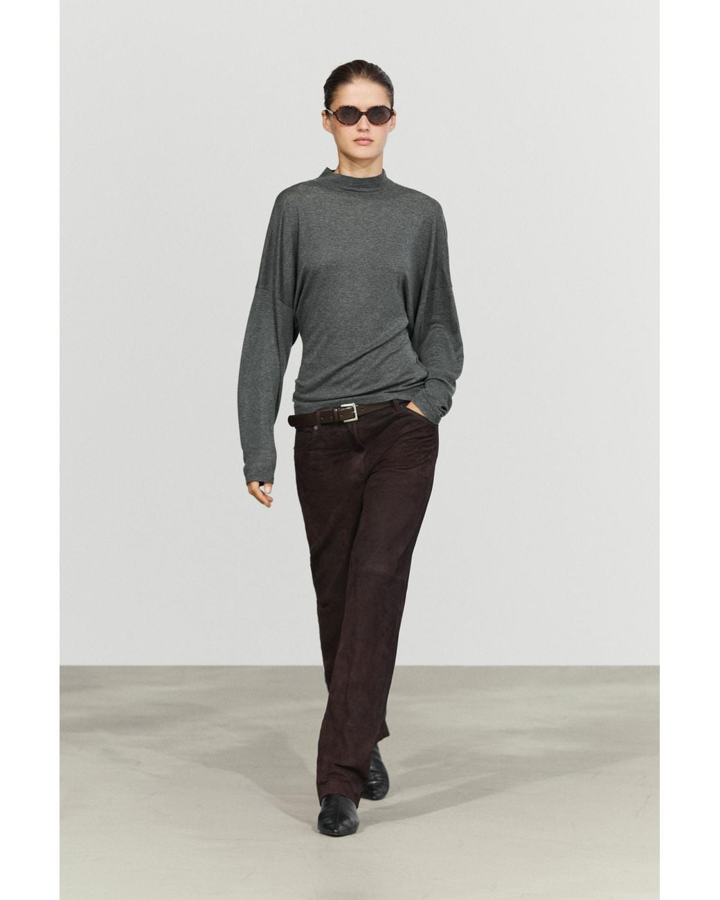 MASSIMO DUTTI Gray Knit Funnel Neck T-Shirt