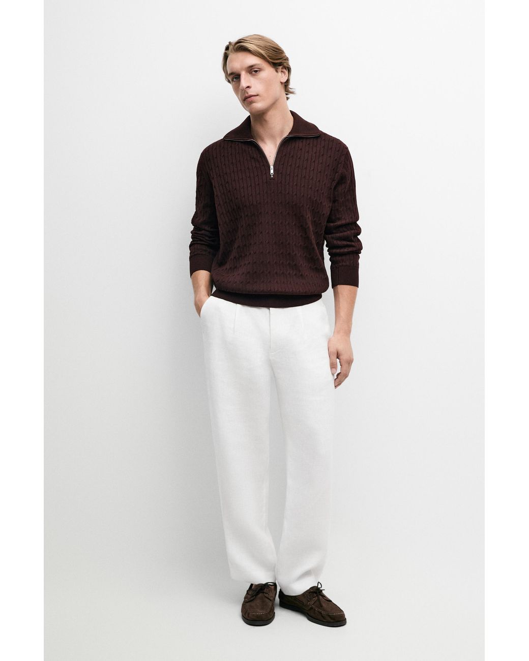 MASSIMO DUTTI Brown Zip-Up Mock Neck Knit Sweater for men