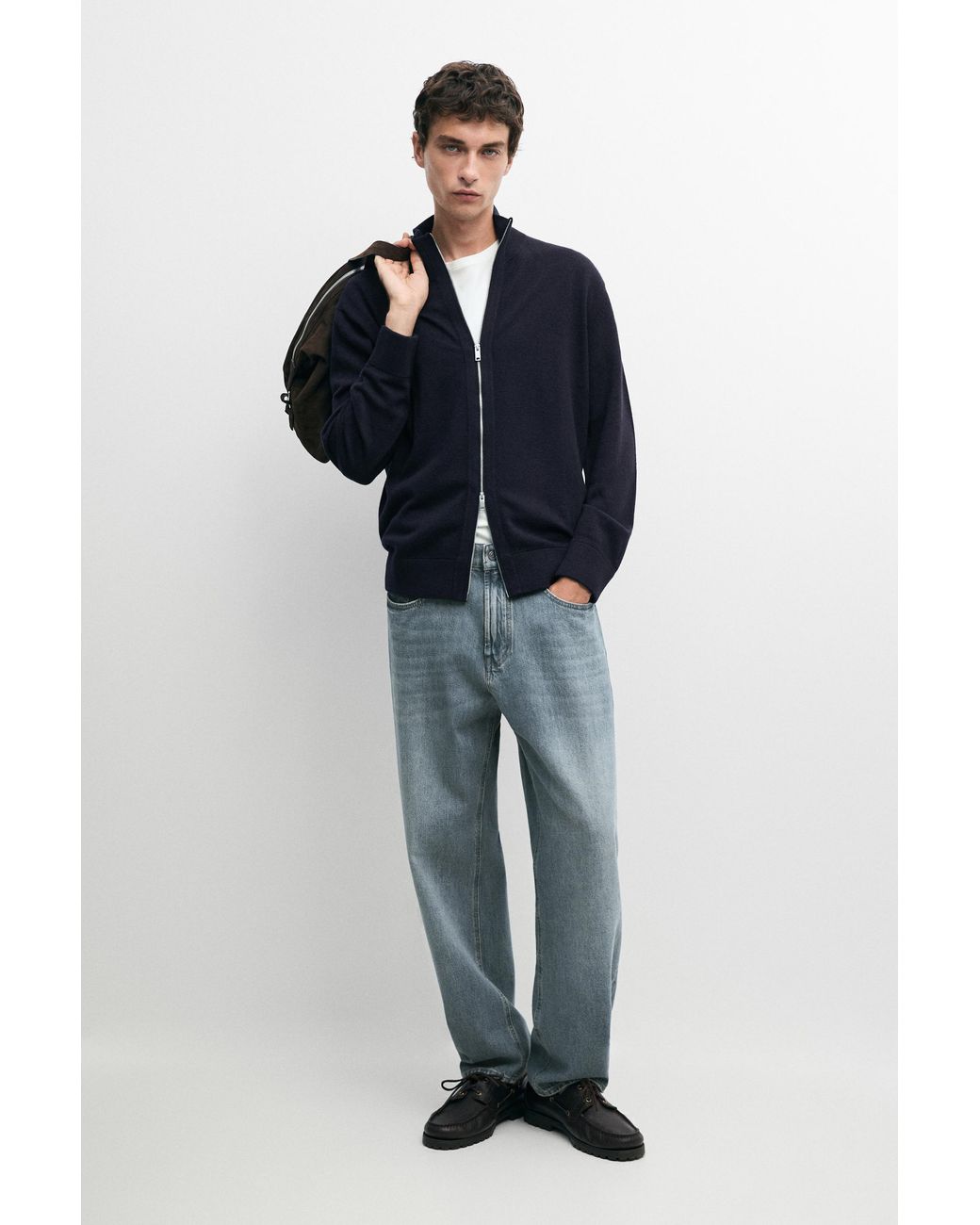 MASSIMO DUTTI Blue Wool Blend Cardigan With Zip Detail for men