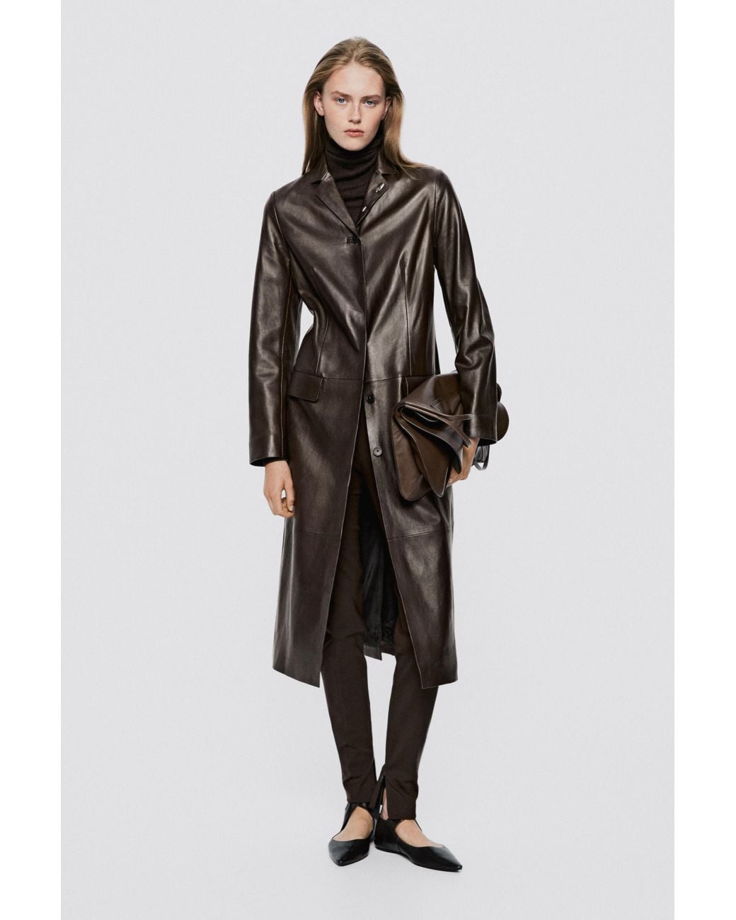 MASSIMO DUTTI Black Long Fitted Leather Coat