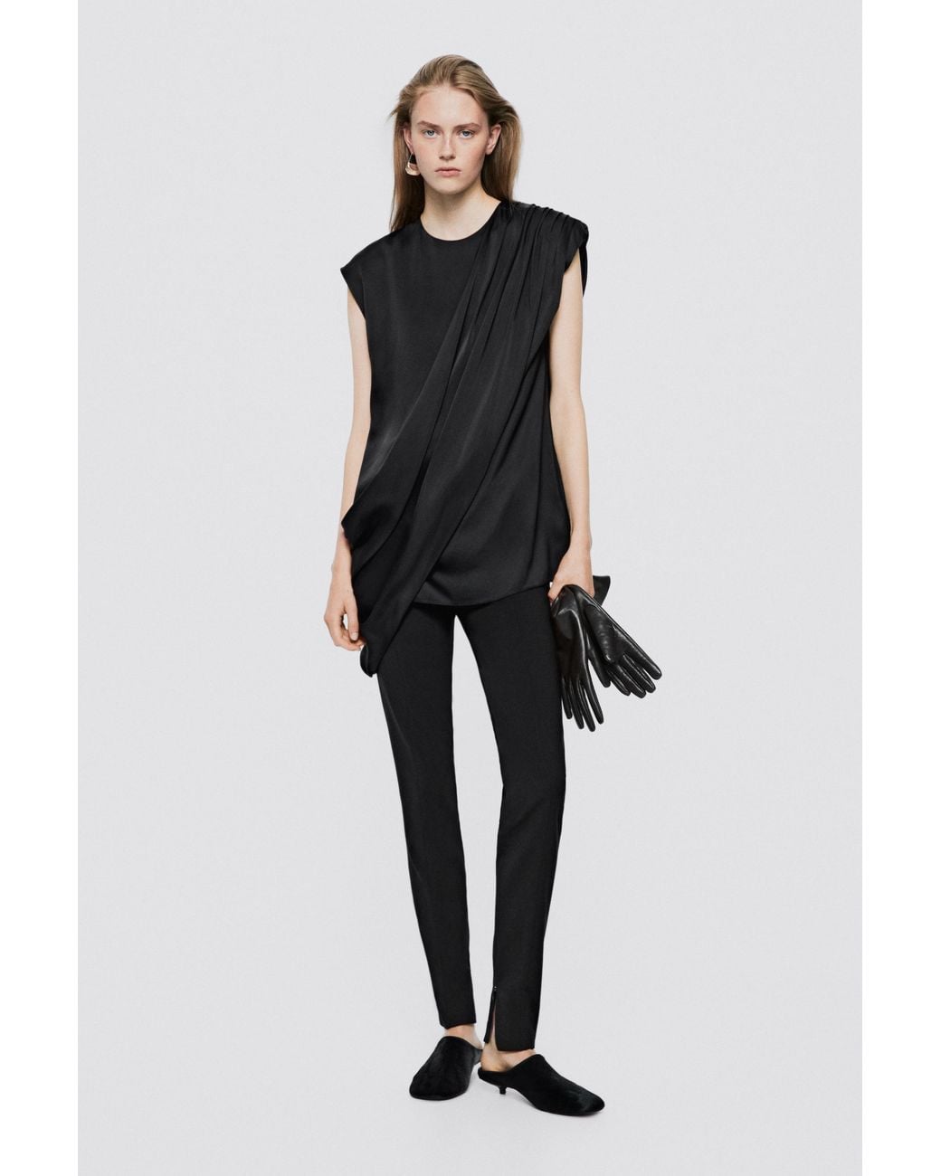 MASSIMO DUTTI Black Asymmetric Flowing Top With Gathered Detail – Limited Edition