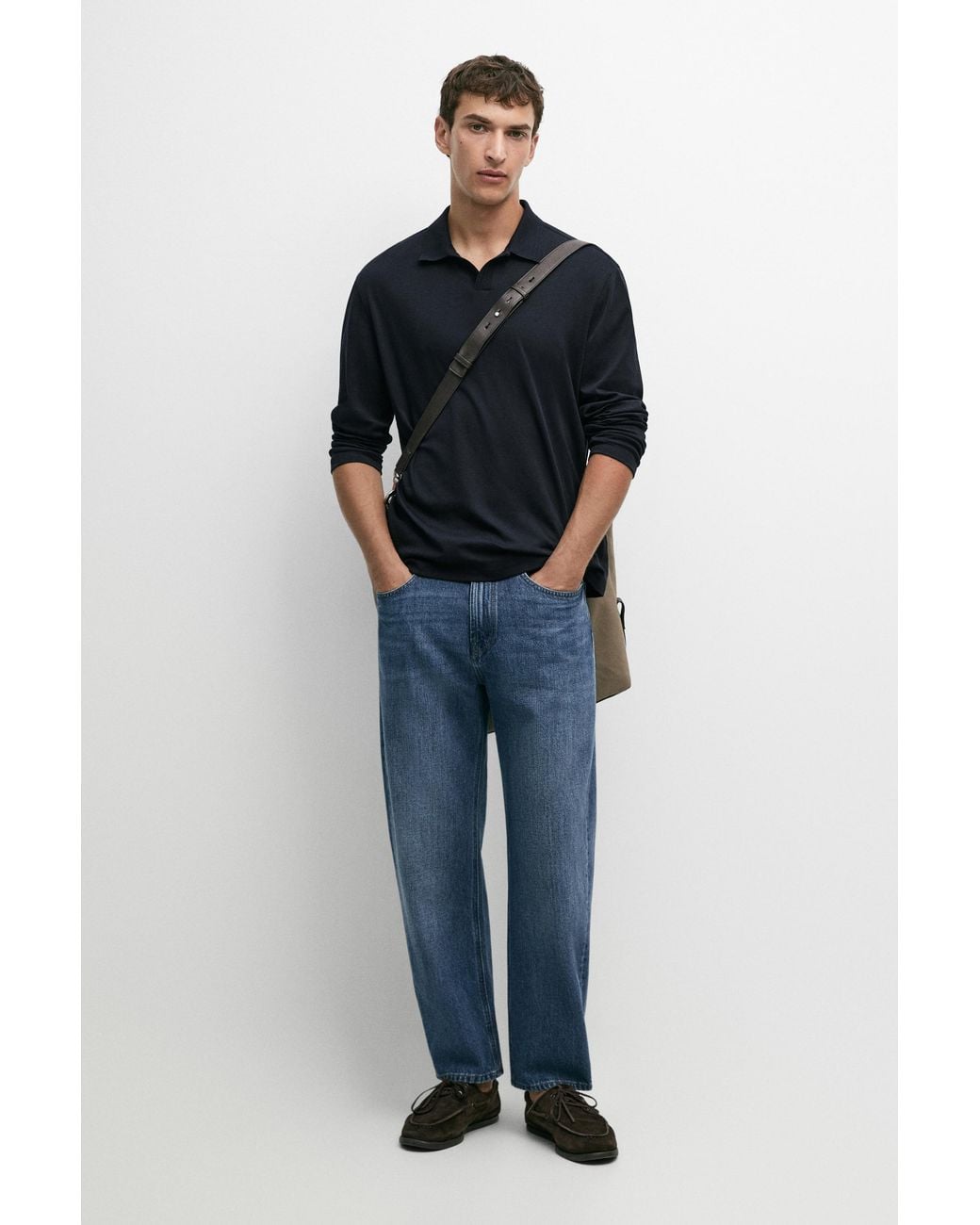 MASSIMO DUTTI Blue 100% Cotton Long Sleeve Polo Shirt for men