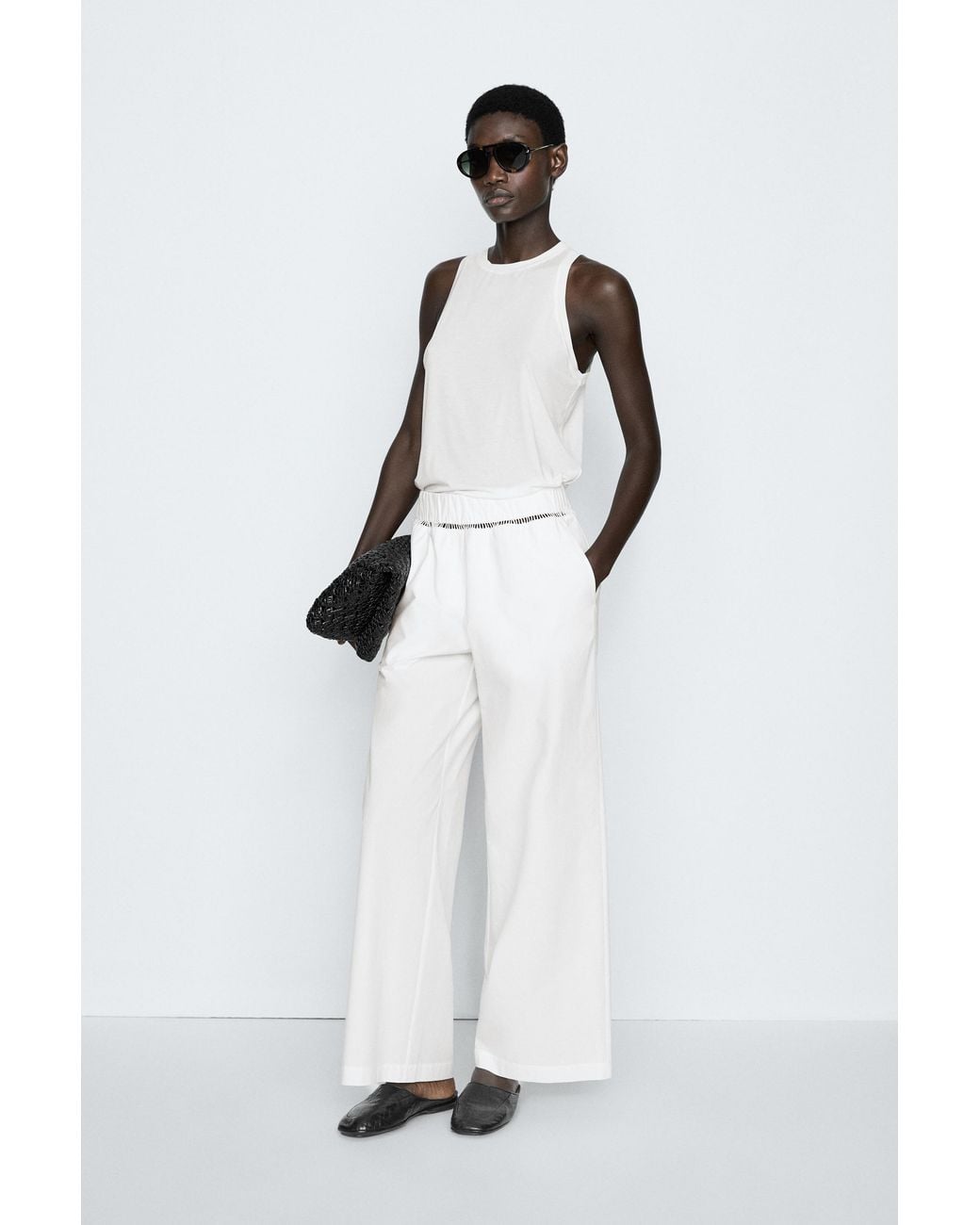 MASSIMO DUTTI White 100% Cotton Elasticated Pants
