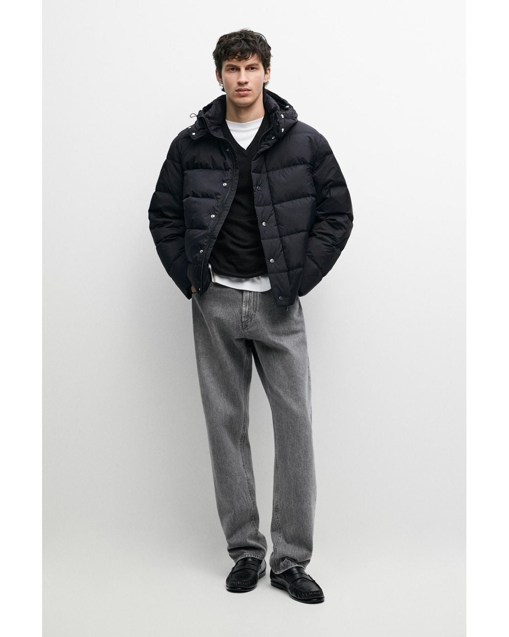 MASSIMO DUTTI Black Hood Detail Down Jacket for men