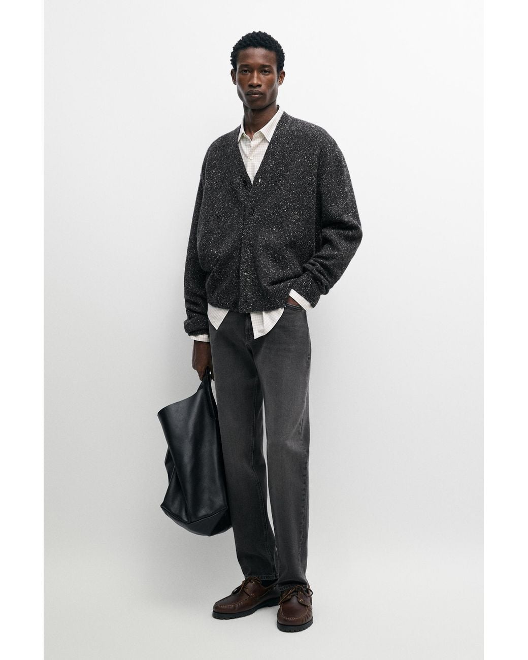 MASSIMO DUTTI Black Wool Blend Flecked Knit Cardigan for men