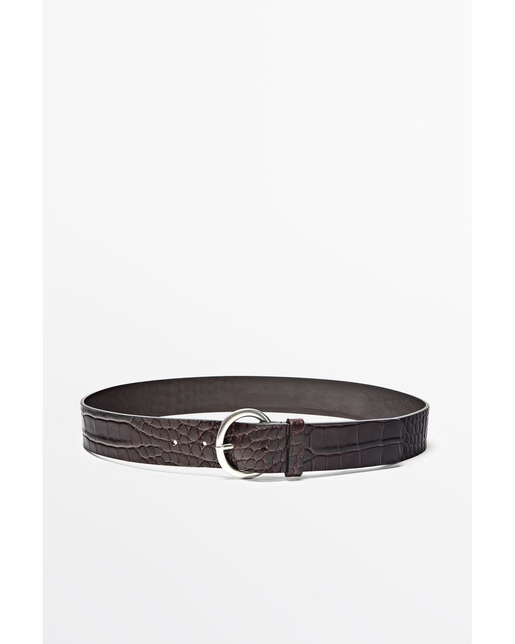 MASSIMO DUTTI Brown Croc-Embossed Leather Belt With Round Buckle