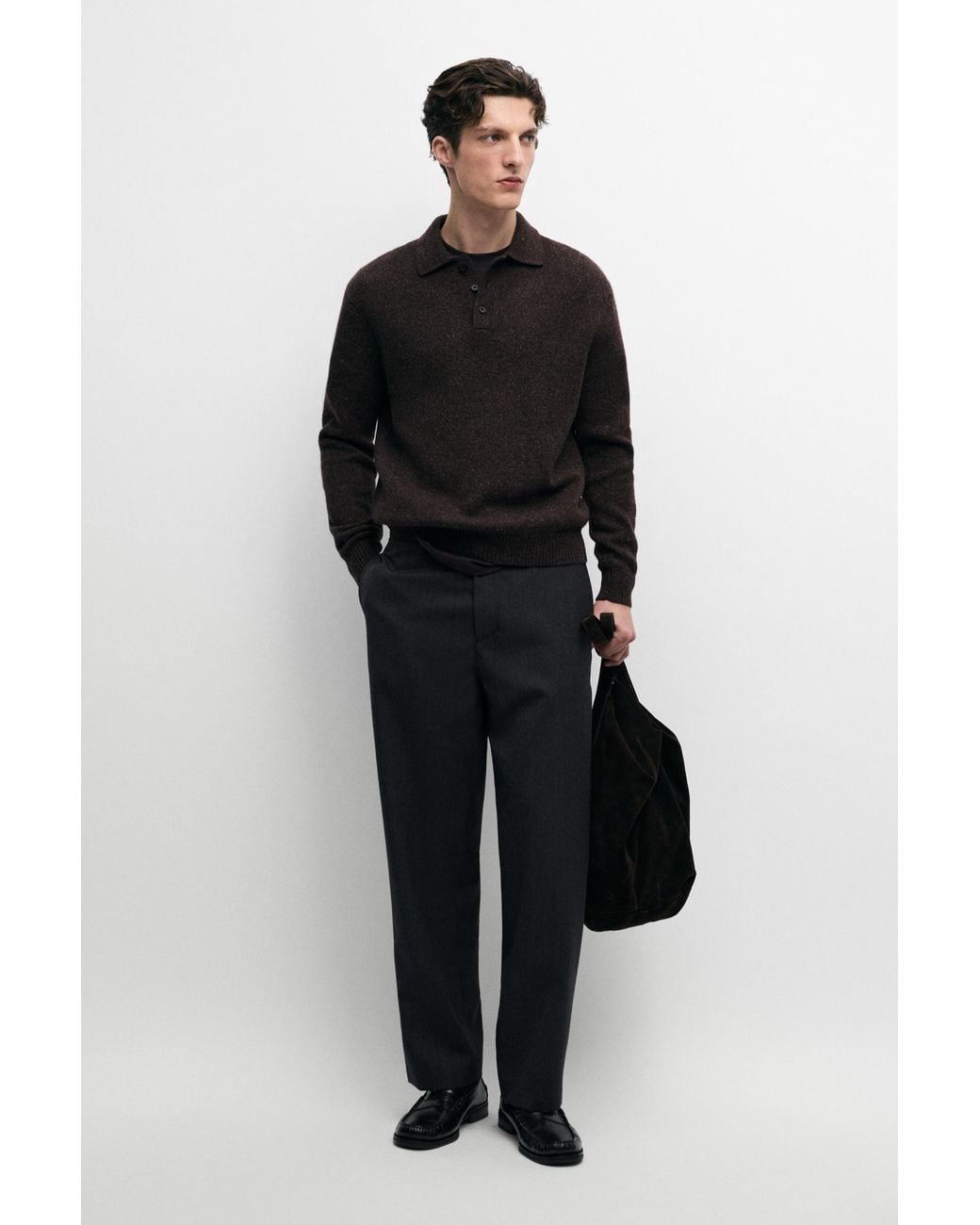 MASSIMO DUTTI Black 100% Wool Knit Buttoned Polo Sweater for men