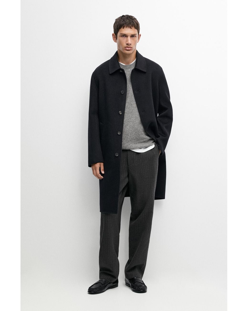 MASSIMO DUTTI Black Long Double-Faced Wool Blend Coat for men