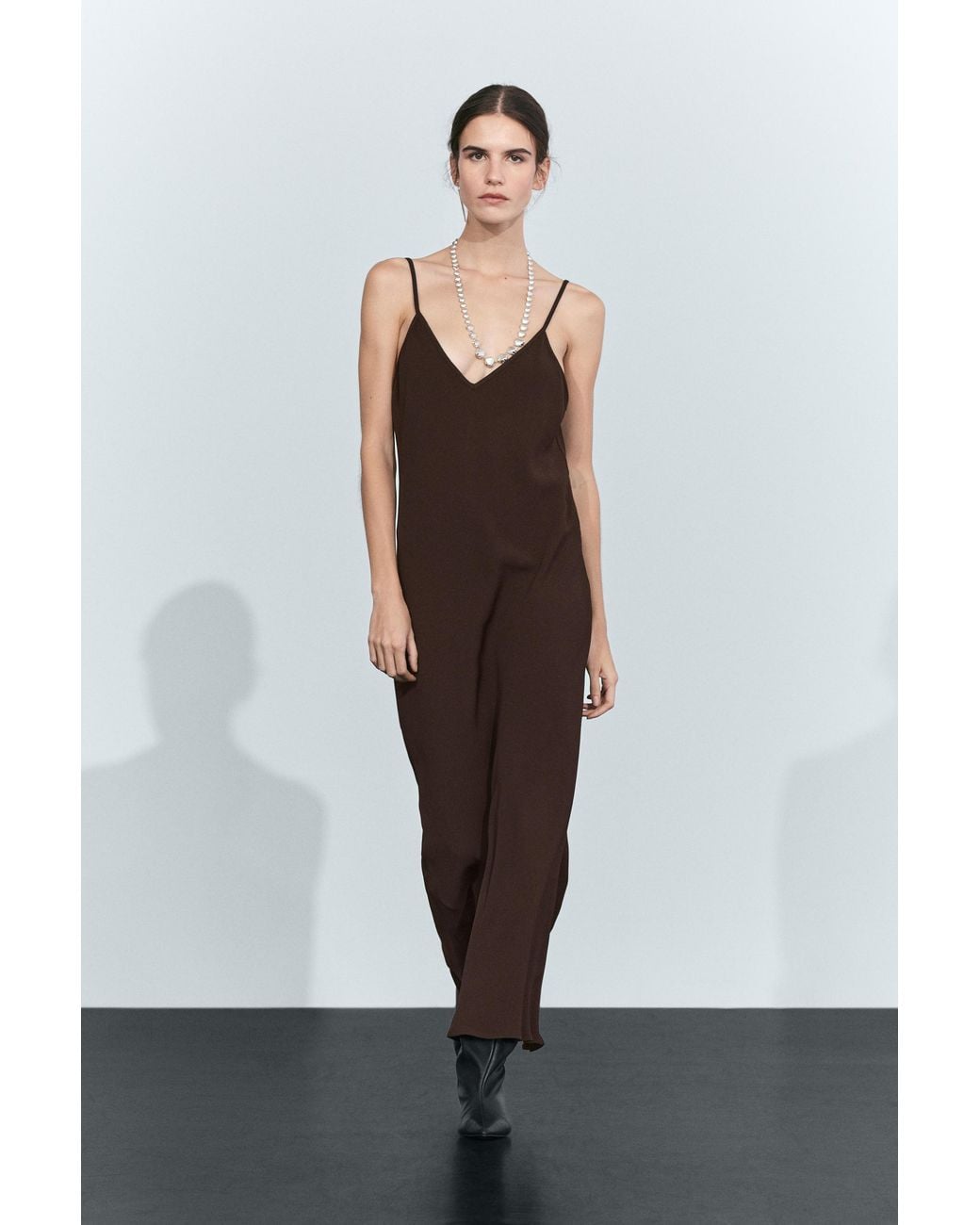 MASSIMO DUTTI Brown Flowing Strap Midi Dress