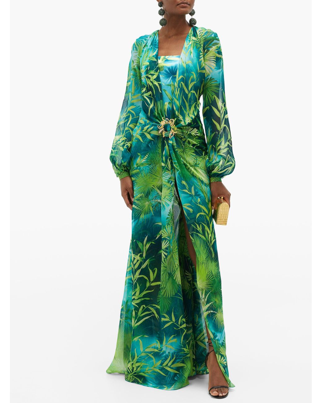 only Archeology Borrowed Versace Jungle-print Plunge-neck Silk-chiffon Dress in Green | Lyst