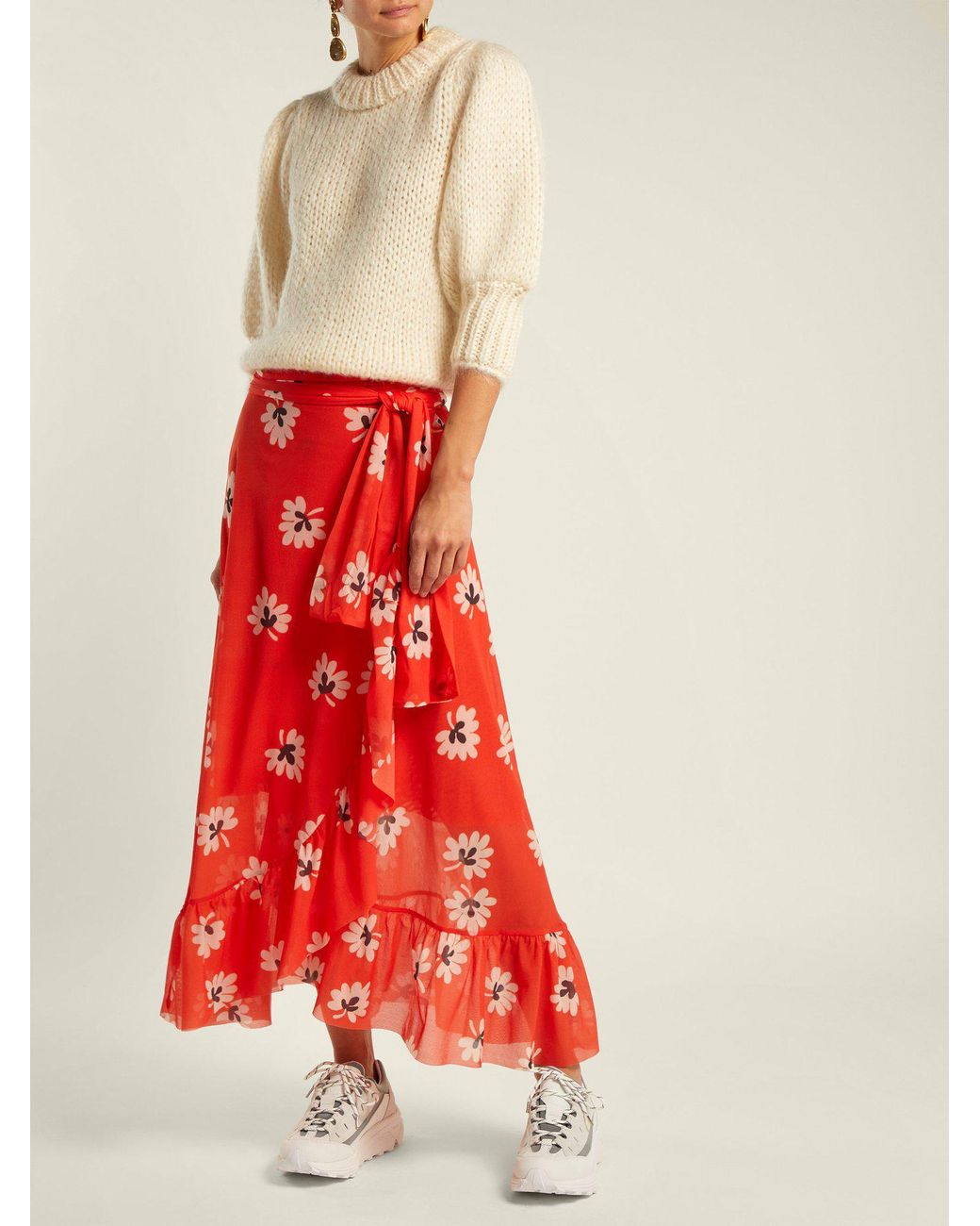 Ganni Tilden Floral Mesh Ruffled Midi Wrap Skirt in Red | Lyst
