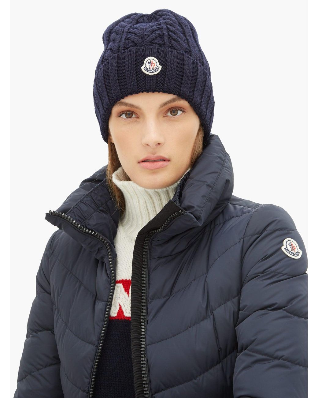 Moncler Cable-knit Wool Beanie Hat in Blue | Lyst