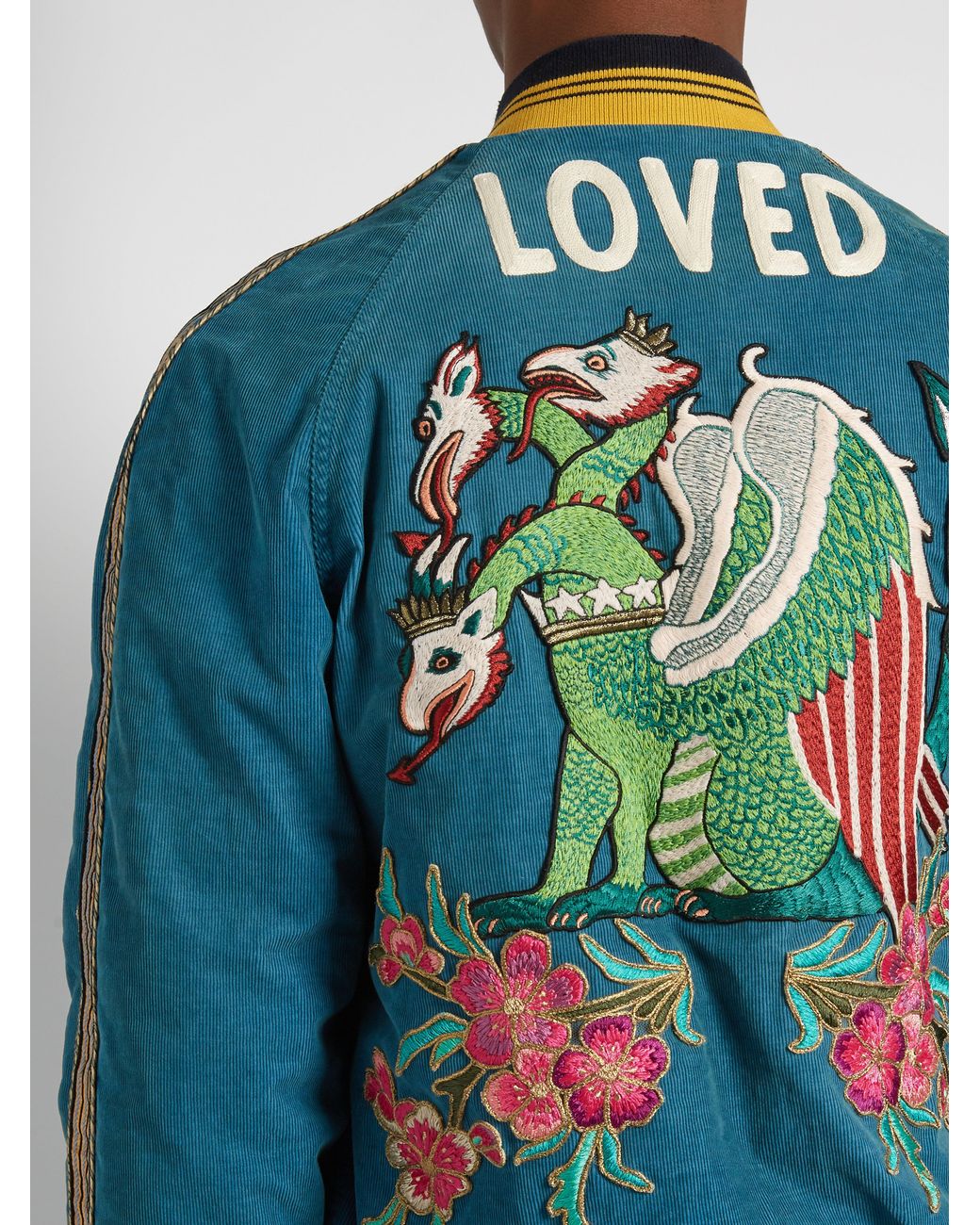 Gucci Dragon Embroidered Corduroy Bomber Jacket in Blue for Men