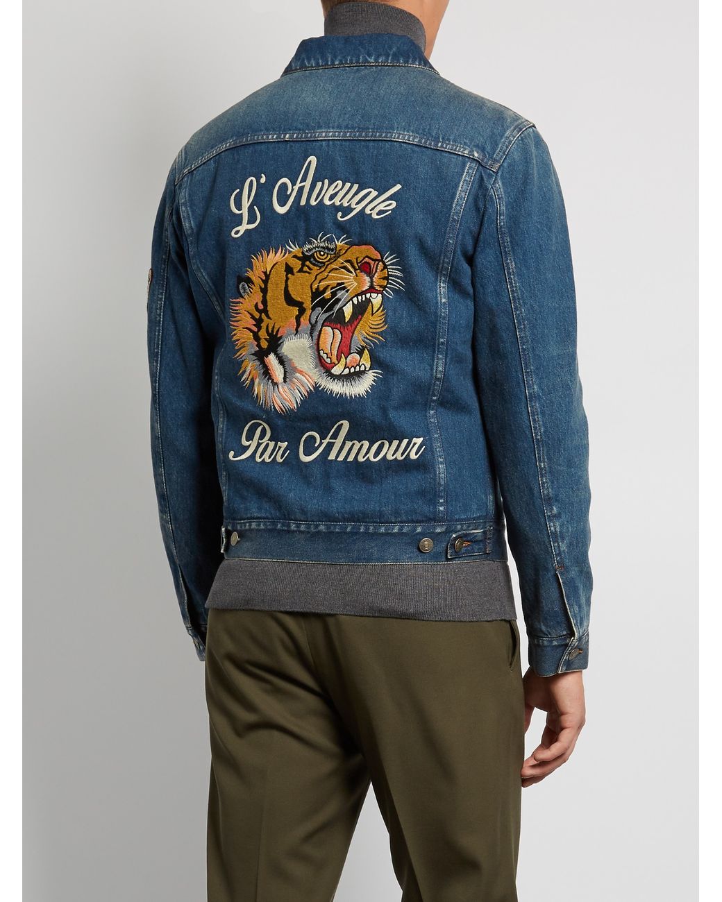 Gucci Tiger-embroidered Denim Jacket in Blue for Men | Lyst