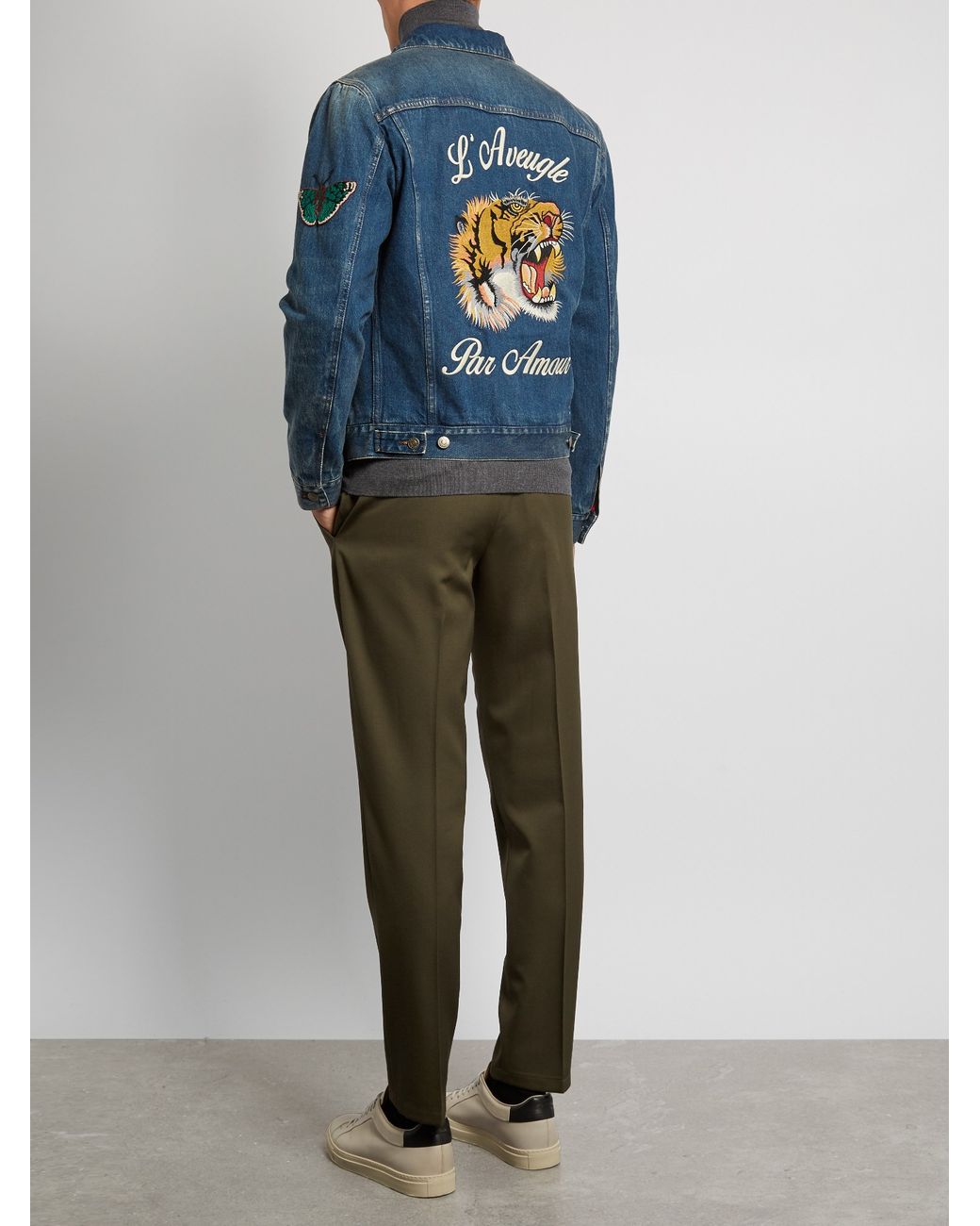 Gucci Tiger-embroidered Denim Jacket in Blue for Men | Lyst