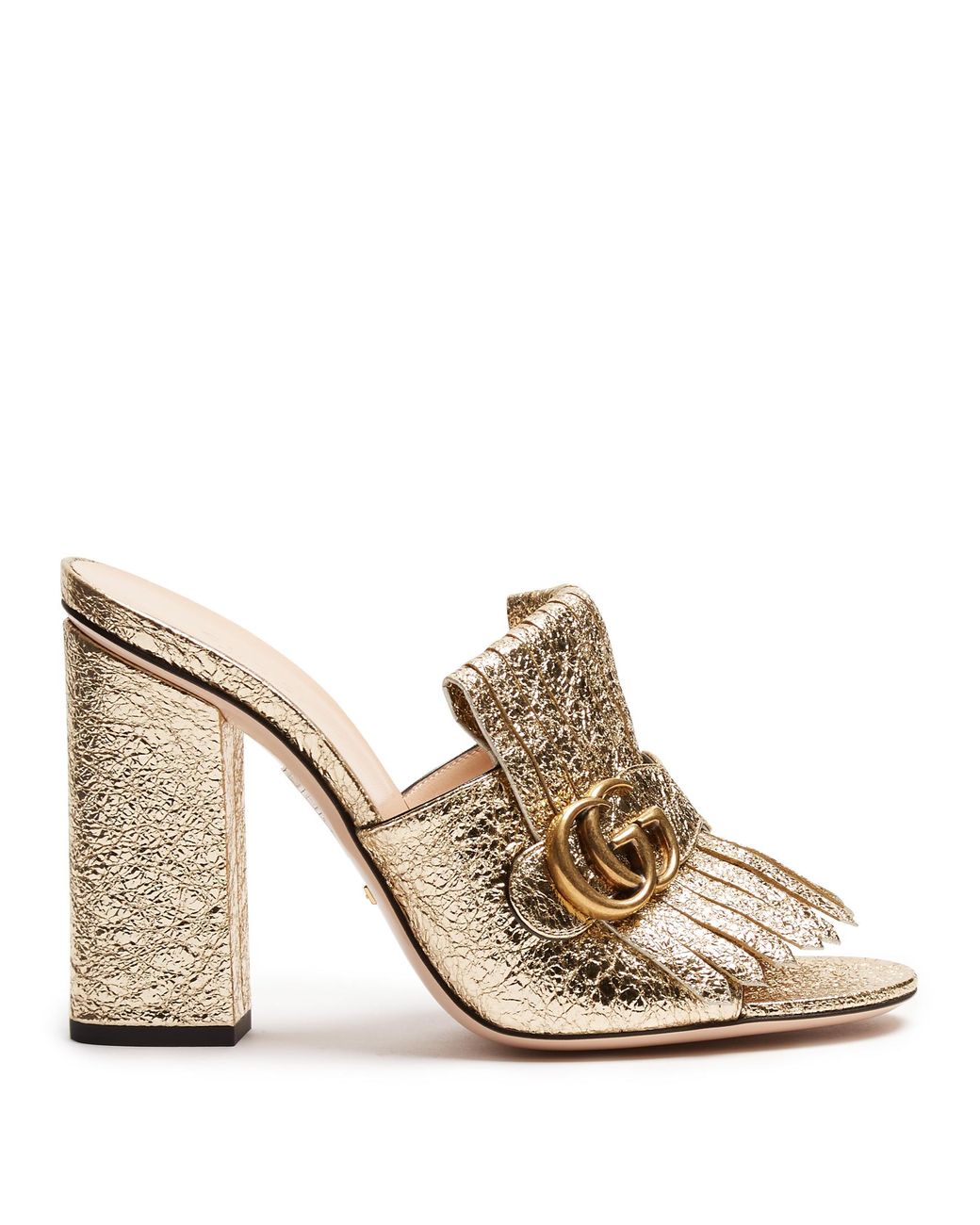 Gucci Marmont Fringed Leather Sandals in Metallic | Lyst