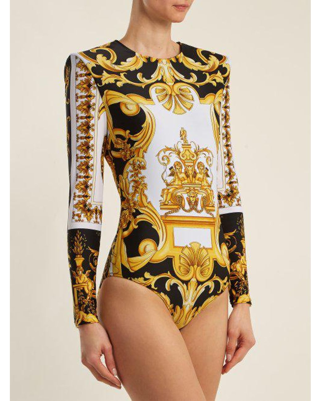 Versace Baroque-print Long Sleeve Bodysuit in Metallic | Lyst