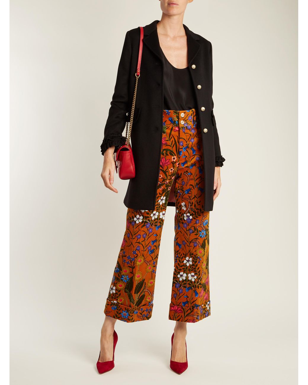 Gucci Floral-print Wide-leg Cropped Trousers in Brown | Lyst
