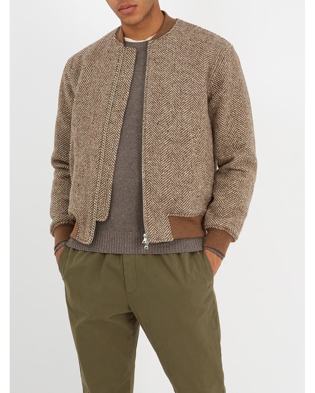 De Bonne Facture Herringbone Wool Bomber Jacket in Brown for Men
