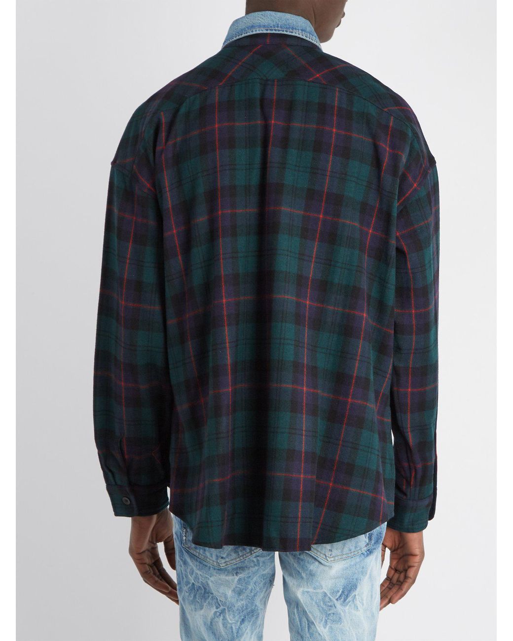 Denim-collar Checked Flannel Shirt 
